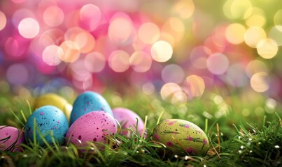 Fototapeta na wymiar Easter eggs in grass with colorful bokeh