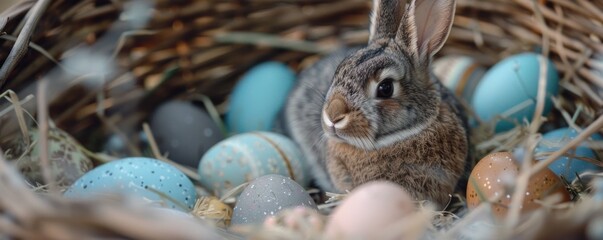 Obraz premium Easter bunny or rabbit in wicker basket with eggs