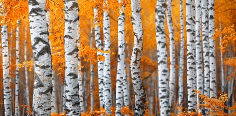 Illustration of Autumnal Birch Trees in Fall Colors. Generative AI.
