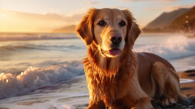 Close-up, Horizontal photo of a beautiful dog on the beach against the background of the sea with waves, Copy space. Summer Holidays, travel, Pets, Vacation concepts.