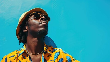 The image features a young man gazing upwards, seemingly deep in thought or admiration. He is wearing a bright yellow bucket hat and stylish tortoiseshell sunglasses that reflect light, imparting a se