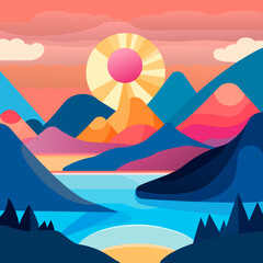 stylized vector landscape lake mountains