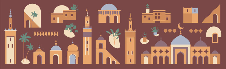 Morocco inspired vector Ramadan architecture set. Flat illustration with a mosque, tower, house, plants, palm trees. Earthy colored buildings graphic collection. Abstract Eid al-Fitr design template - 751992357