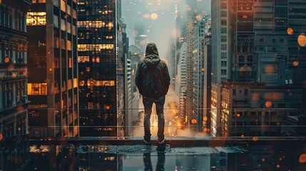 The image features a person standing with their back facing the camera, looking out over an urban canyon flanked by tall buildings illuminated from within. It appears to be dusk or dawn, judging by th - obrazy, fototapety, plakaty