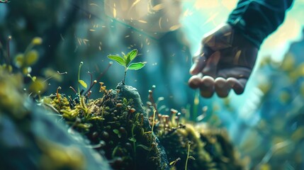 A young plant with broad leaves sprouts from a clump of soil, surrounded by vibrant green moss and several thin, elongated sporophytes extending upwards. A person's hand, appearing slightly out of foc - obrazy, fototapety, plakaty