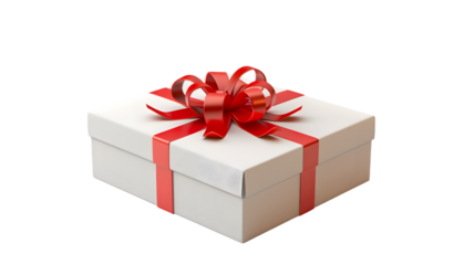 Blank white present box open or gift box with red ribbons isolated on transparent background