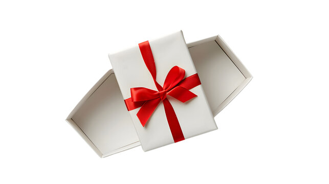Blank white present box open or gift box with red ribbons isolated on transparent background