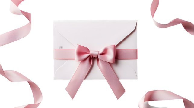 Blank note paper in pink envelope with pink ribbon bow isolated on transparent background - Powered by Adobe