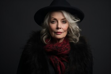 Portrait of a beautiful senior woman in fur coat and hat.