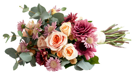 bouquet of roses, chrysanthemums, daisies and eucalyptus leaves lying isolated on transparent background