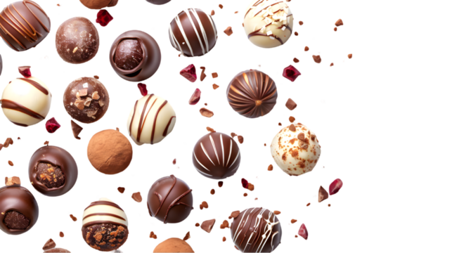 Bonbon Chocolate Pralines Texture Background, Cocoa Candies Banner, Chocolate Praline isolated on transparent background