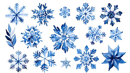 collection of blue snowflakes drawn with watercolor paint isolated on transparent background