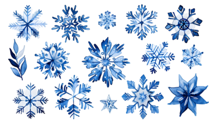 collection of blue snowflakes drawn with watercolor paint isolated on transparent background