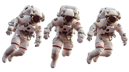 collection of astronaut flying in outer space. Spacemen isolated on transparent background