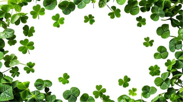 clover leaves are scattered in the form of a frame isolated on transparent background