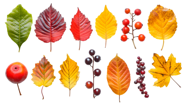 collection from various autumn leaves and berries isolated on transparent background
