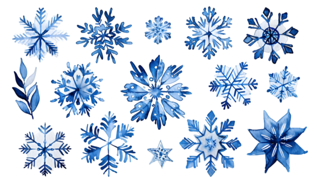 collection of blue snowflakes drawn with watercolor paint isolated on transparent background - Powered by Adobe