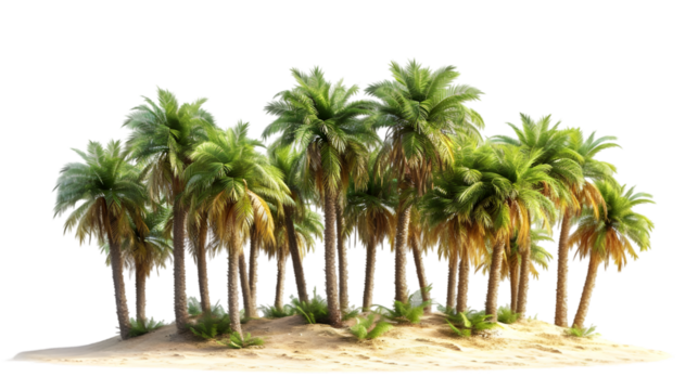Conceptual realistic palm trees group on desert isolated on transparent background
