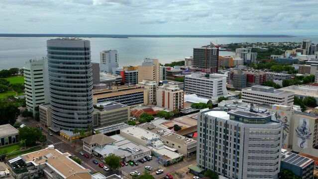 Aerial drone Time Lapse of Darwin City Central Business District with Traffic Driving as Cloud Shadows Pass Over Buildings
