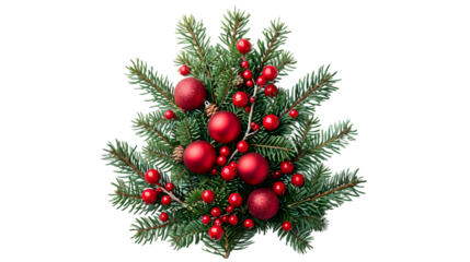 decorated spruce branches in the shape of a Christmas tree on transparent background