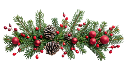 decorated spruce branches in the shape of a Christmas tree on transparent background