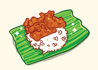Fried pork sticky rice wrapped in banana leaves hand drawn cartoon illustration
