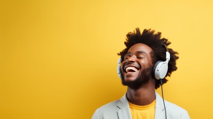 Portrait of smiling young man with headphones, man listening to music, adult African American man wearing light blue sweater isolated on yellow background. - obrazy, fototapety, plakaty