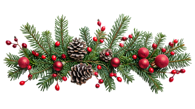 decorated spruce branches in the shape of a Christmas tree on transparent background