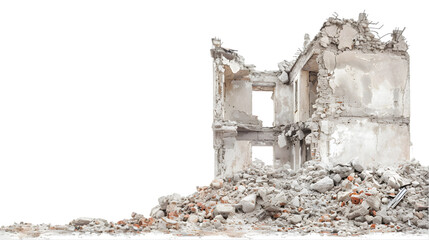 Demolished buildings and residential houses, destroyed homes and architectural constructions and sights. ruined building isolated on transparent background