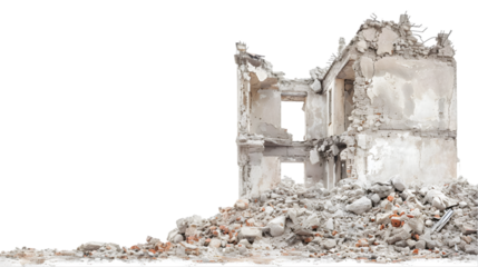 Demolished buildings and residential houses, destroyed homes and architectural constructions and sights. ruined building isolated on transparent background