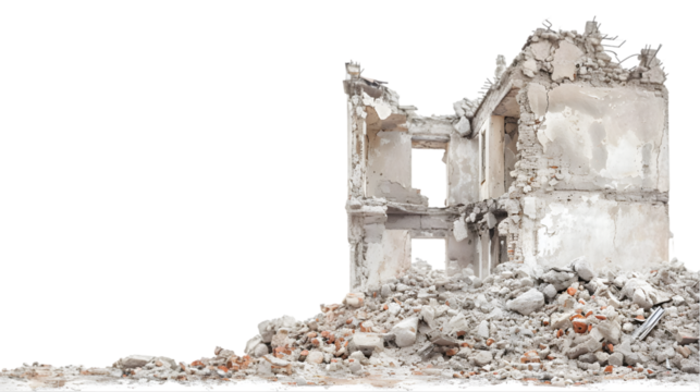 Demolished buildings and residential houses, destroyed homes and architectural constructions and sights. ruined building isolated on transparent background