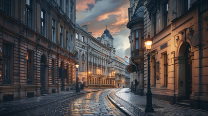A lone street lamp casts a soft glow over a cobblestone street highlighting the blend of old world charm and modern architecture in this intersection.