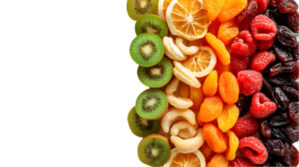 dried fruits on wooden background, top view with space for text isolated on transparent background