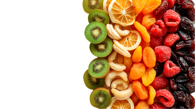 dried fruits on wooden background, top view with space for text isolated on transparent background