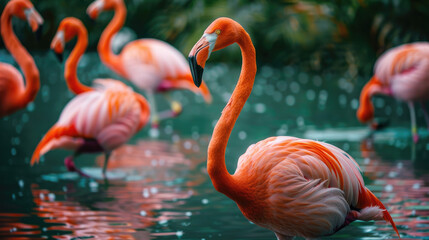 Close up of stunning pink flamingos standing in the water - Powered by Adobe