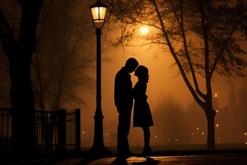 Silhouettes of a couple kissing under a streetlamp at night. - obrazy, fototapety, plakaty