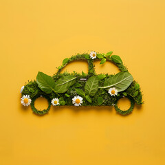 Green spring leaves and daisies in the shape of a car isolated on the yellow background. Green energy creative concept wallpaper