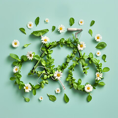Green spring leaves and daisies in the shape of a bicycle isolated on the mint green background. Green energy creative concept wallpaper