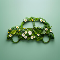 Green spring leaves and daisies in the shape of a car isolated on the mint green background. Green energy creative concept wallpaper