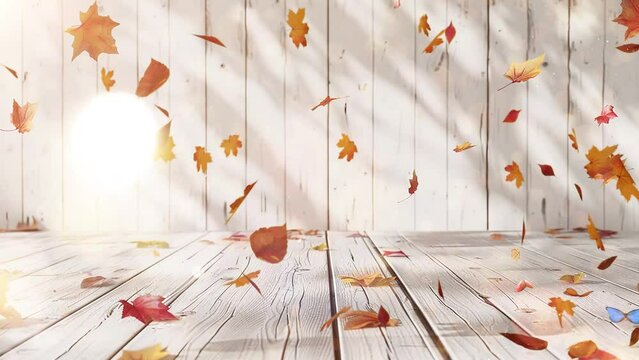 falling autumn leaves with white wooden background . seamless looping overlay 4k virtual video animation background