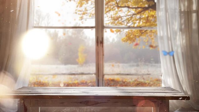 autumn landscape from a window. white wooden table and window of autumn landscape. seamless looping overlay 4k virtual video animation background
