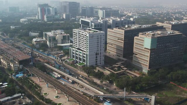 Aerial Drone Footage of Consturction Near IT Buildings In India Chennai