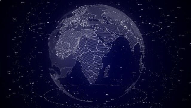 digital globe rotating, zooming in on Uganda country. Data analysis Technology Cinematic Globe rotating on Uganda Country data analysis background Energy particles around the Globe