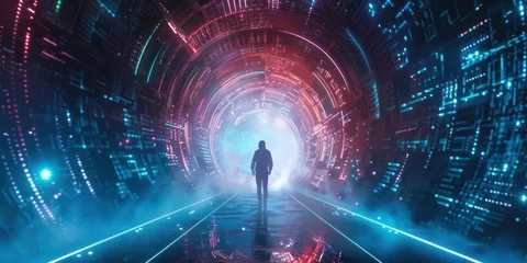 Poster Back view of a man walking into portal  © Borin