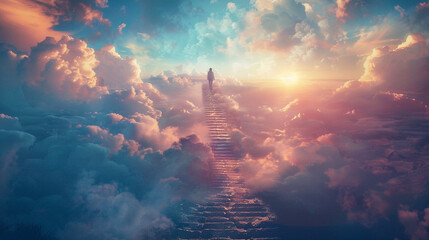 Spiritual journey person looking up a staircase to the heavens clouds forming an illusion of infinity and solitude - obrazy, fototapety, plakaty