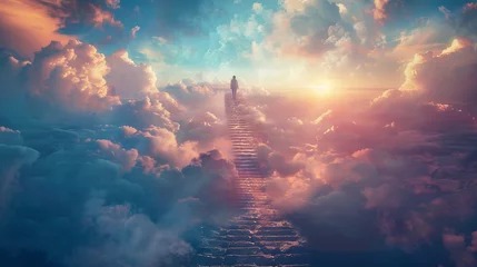 Muurstickers Spiritual journey person looking up a staircase to the heavens clouds forming an illusion of infinity and solitude © weerasak