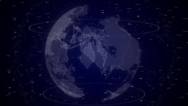 digital globe rotating, zooming in on Australia country. Data analysis Technology Cinematic Globe rotating on Australia Country data analysis background Energy particles around the Globe