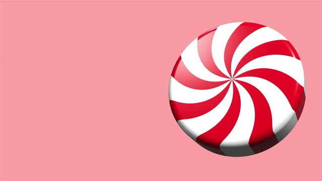 3D animation spinning striped red candy. Striped sugar candy. Striped peppermint candy. Animation for new years day, winter holiday, dessert, new years event
