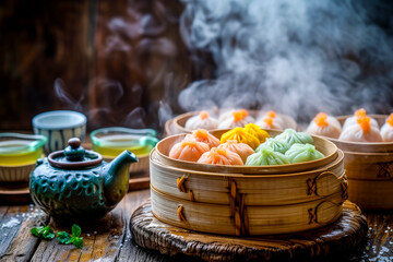 Steaming Dim Sum in Bamboo Steamers with Tea.