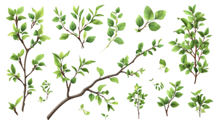 Greenery realistic tree branches cut-out isolated on transparent background